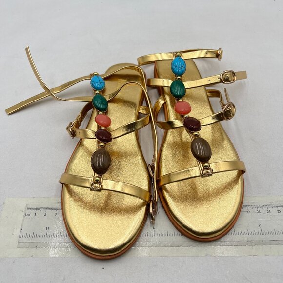 miss left Gold Chic Jewelled T-Strap Flat Gladiator Sandal Open Toe Buckled Shoe - Picture 2 of 7